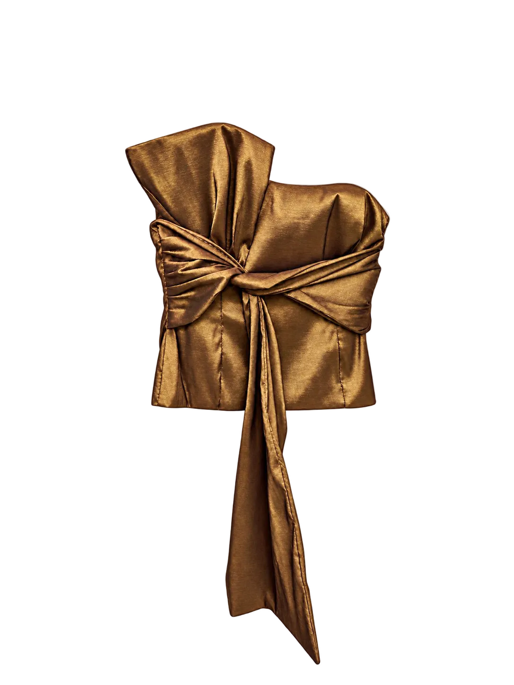Top strapless de tafeta elastizada color bronce dorado, con drapeado cruzado en el frente y lazos largos, sin fondo.