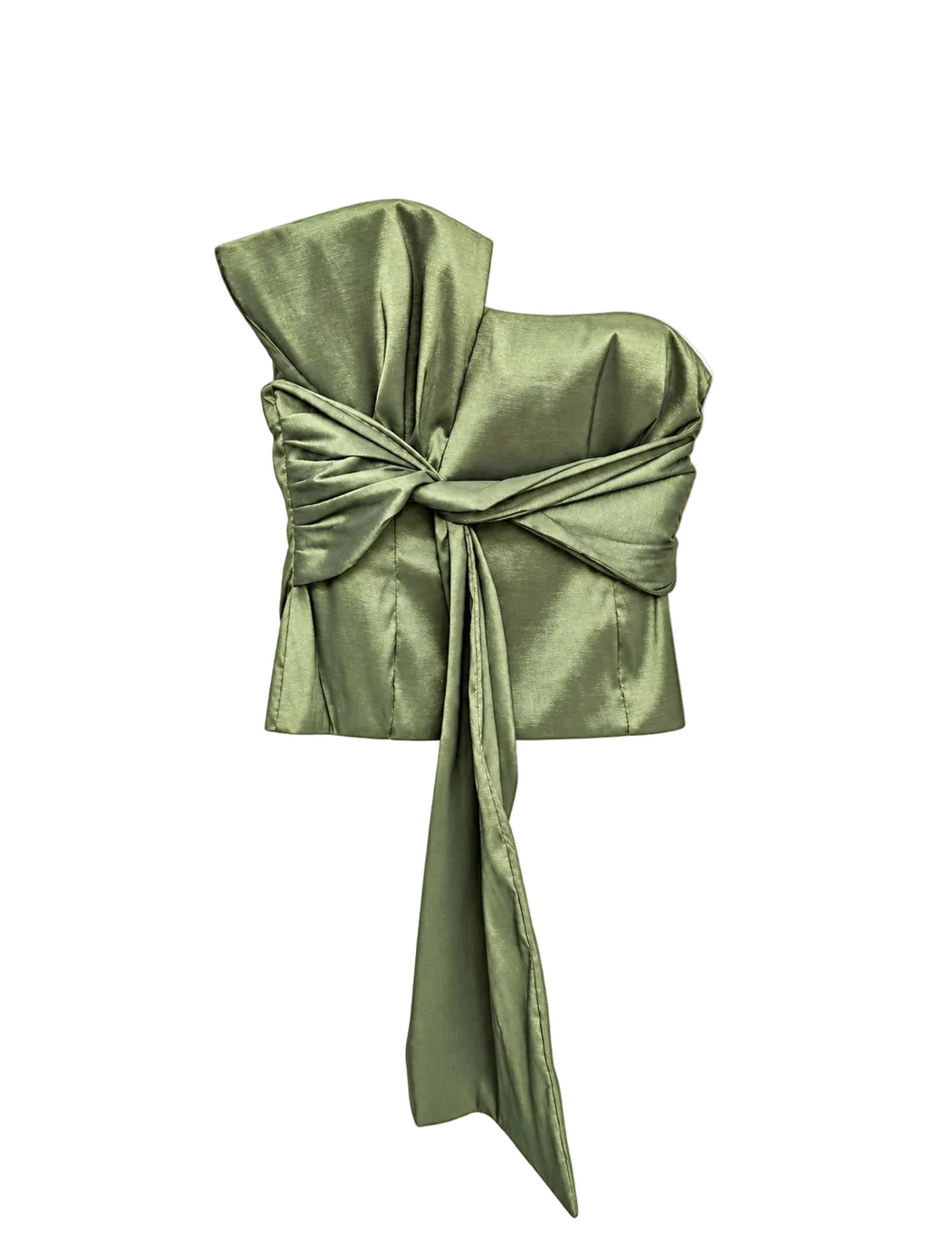 Top strapless de tafeta elastizada color verde, con drapeado cruzado en el frente y lazos largos, sin fondo.